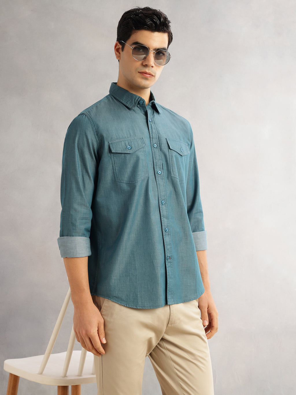 Thomas Scott Men Green Slim Fit Long Sleeves Spread Collar Chambray 100% Cotton Casual Shirt