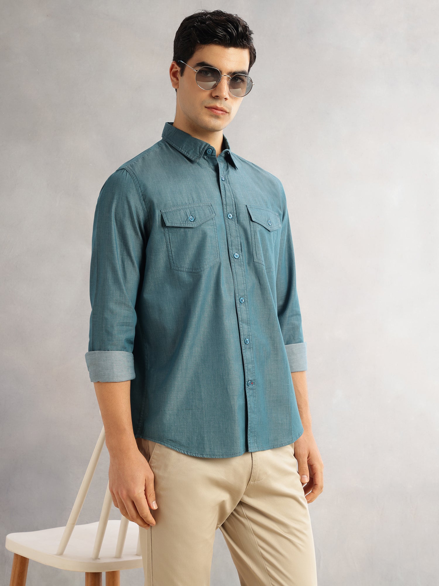 Thomas Scott Men Green Slim Fit Long Sleeves Spread Collar Chambray 100% Cotton Casual Shirt