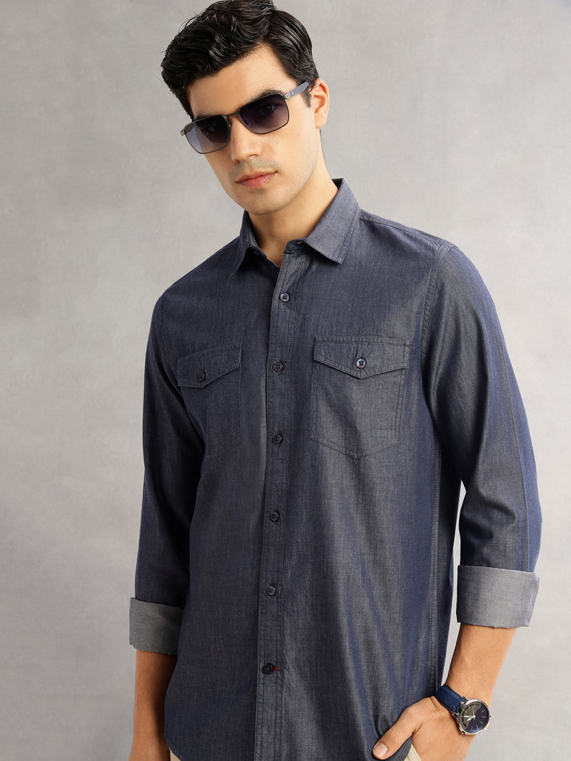 Thomas Scott Men Navy Slim Fit Long Sleeves Spread Collar Chambray 100% Cotton Casual Shirt