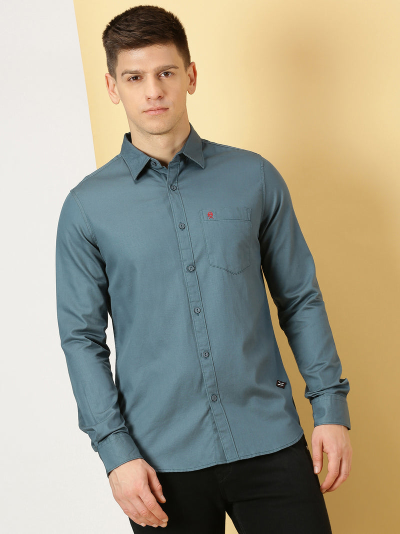 Thomas Scott Men Teal Slim Fit Long Sleeves Spread Collar 100% Cotton Flannel Casual Shirt