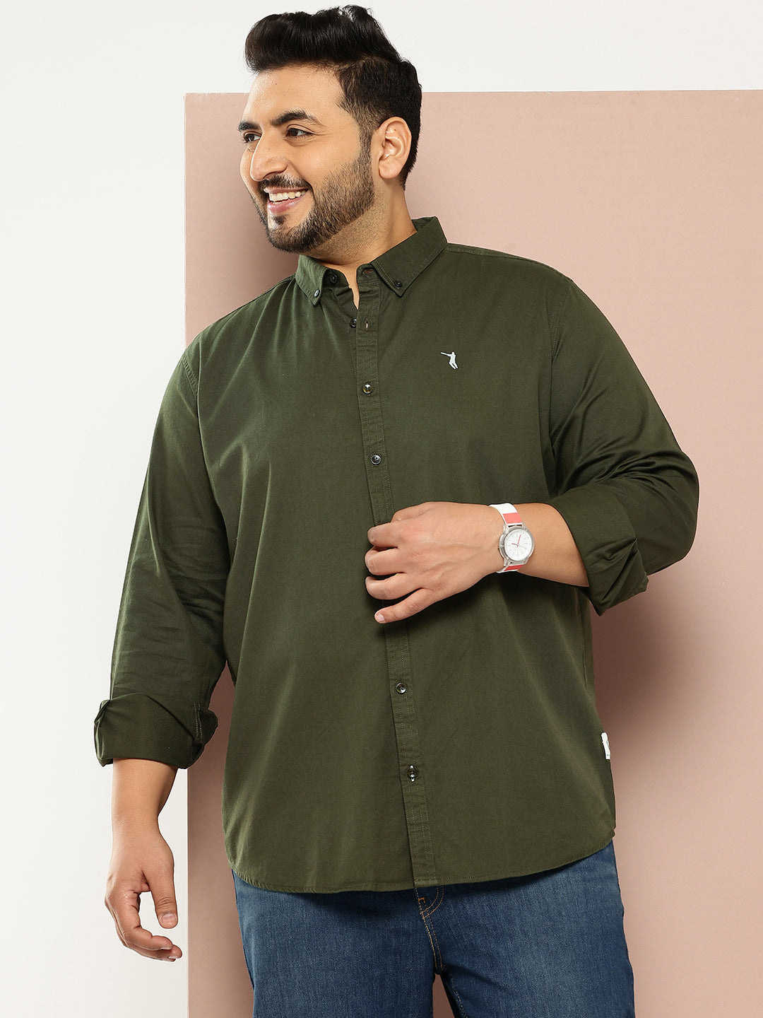 Thomas Scott Men Bottle Green Cricket Club Plus Size Long Sleeves Button-Down Collar Casual Shirt