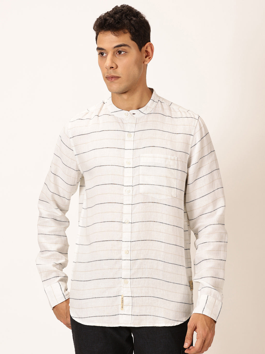 Thomas Scott Men Cream Slim Fit Long Sleeves Horizontal Stripes Linen Casual Shirt