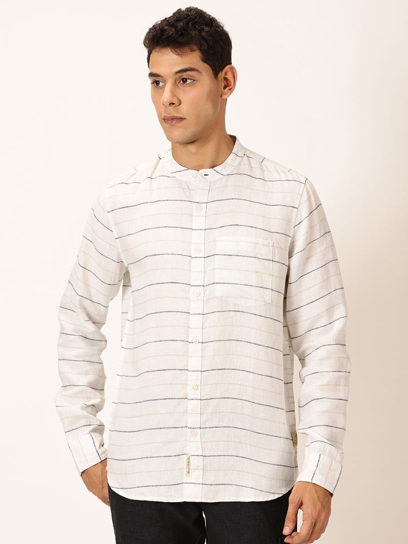 Thomas Scott Men Cream Slim Fit Long Sleeves Horizontal Stripes Linen Casual Shirt
