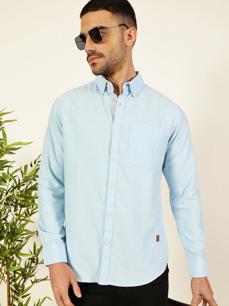 Thomas Scott Men Light Blue Slim Fit Long Sleeves Button-Down Collar 100% Cotton Casual Shirt