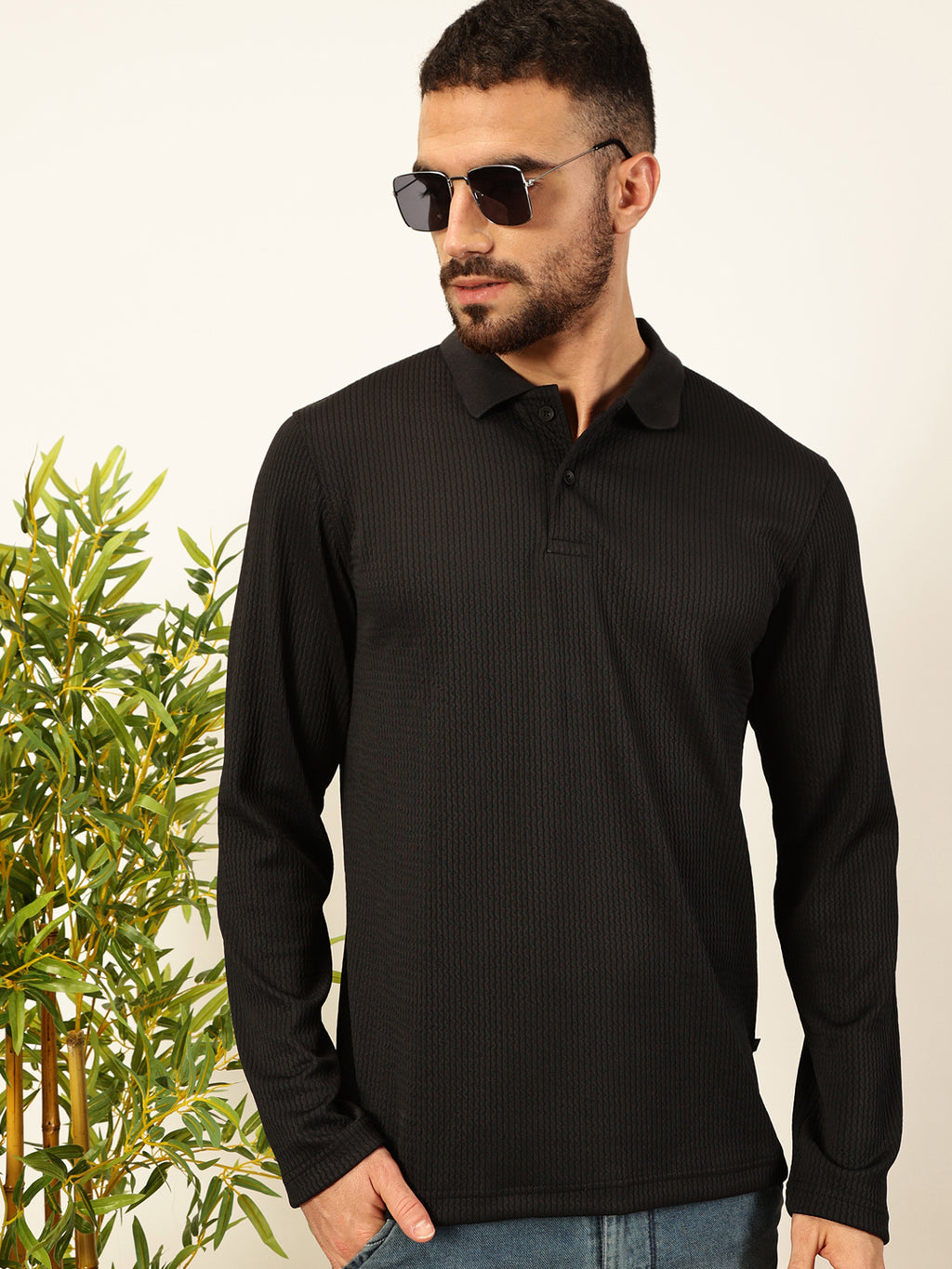 Thomas Scott Men Black Regular Fit Long Sleeves Pinstripes Polo Collar Knitted Tshirt