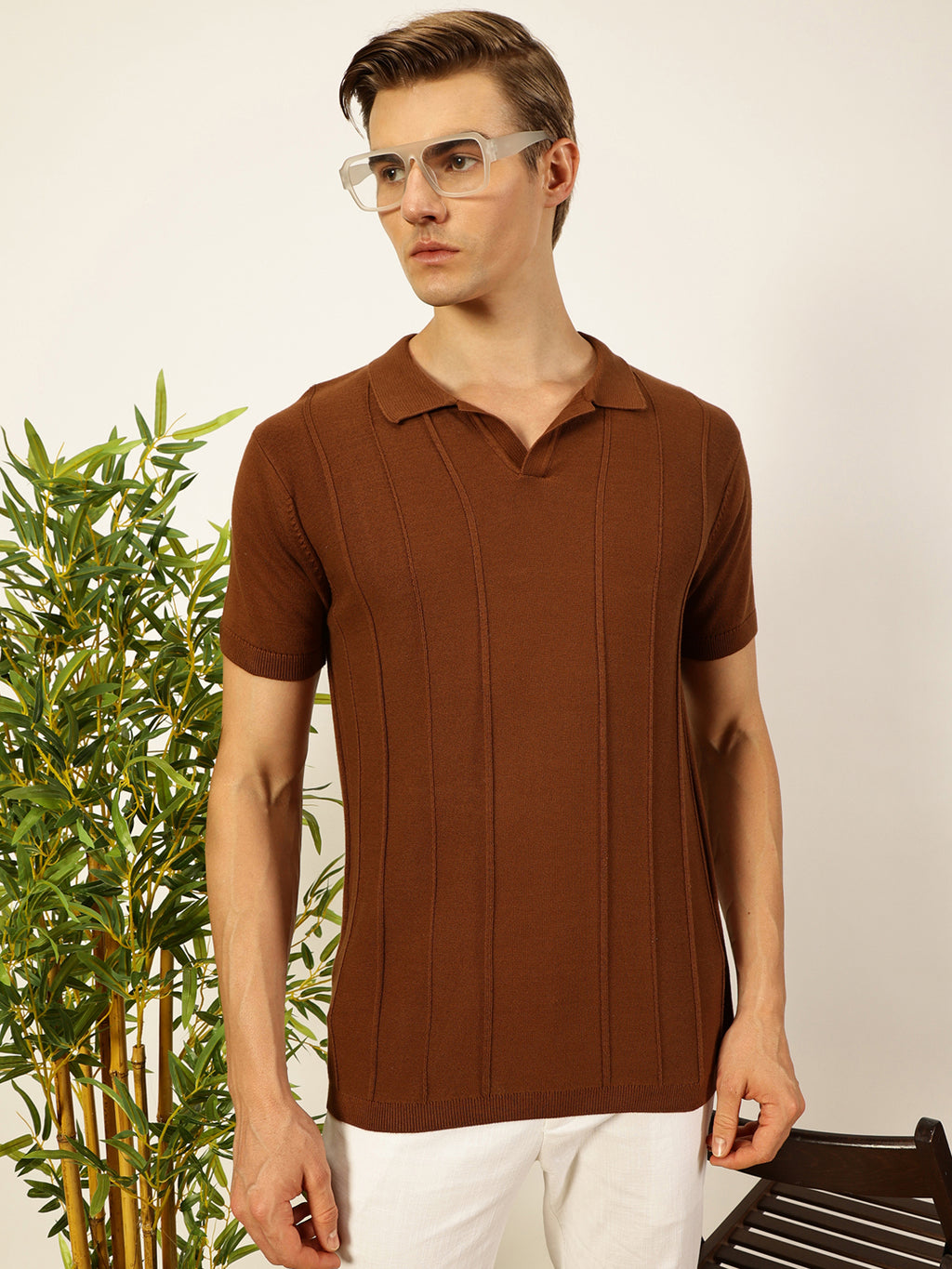 Thomas Scott Men Brown Regular Fit Short Sleeves Striped 100% Cotton Knitted Polo Collar T-shirt