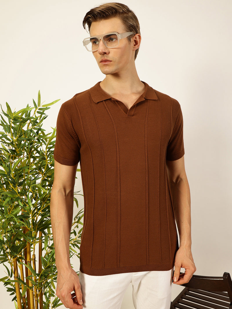 Thomas Scott Men Brown Regular Fit Short Sleeves Striped 100% Cotton Knitted Polo Collar T-shirt