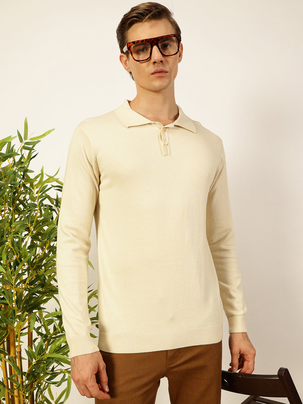 Thomas Scott Men Off White Regular Fit Long Sleeves Solid 100% Cotton Knitted Polo Collar T-shirt