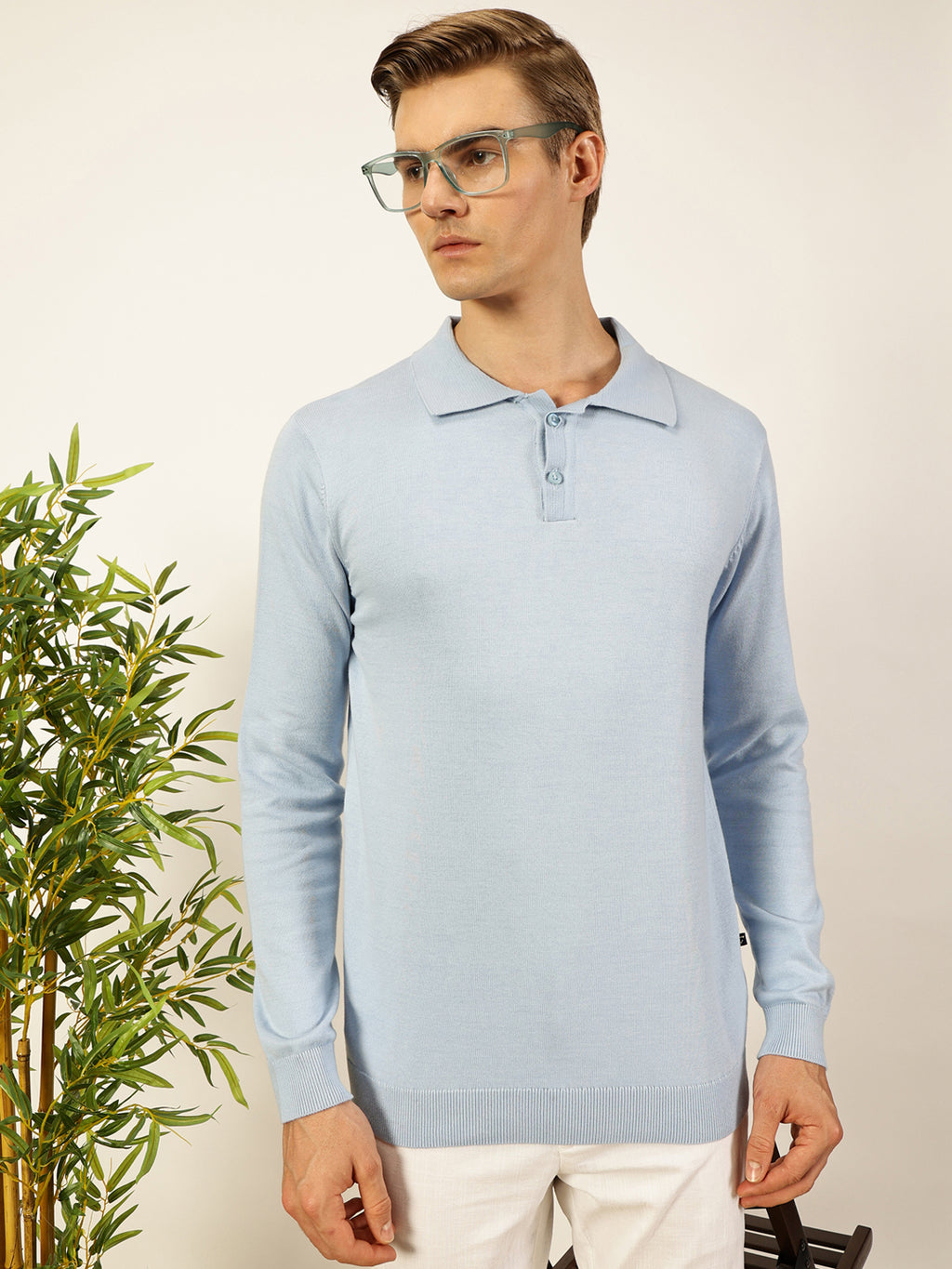 Thomas Scott Men Sky Blue Regular Fit Long Sleeves Solid 100% Cotton Knitted Polo Collar T-shirt