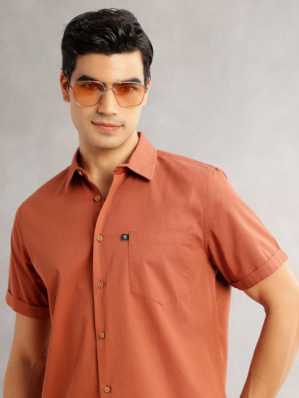 Thomas Scott Men Rust Premium Slim Fit Short Sleeves Spread Collar Solid 100% Cotton Casual Shirt