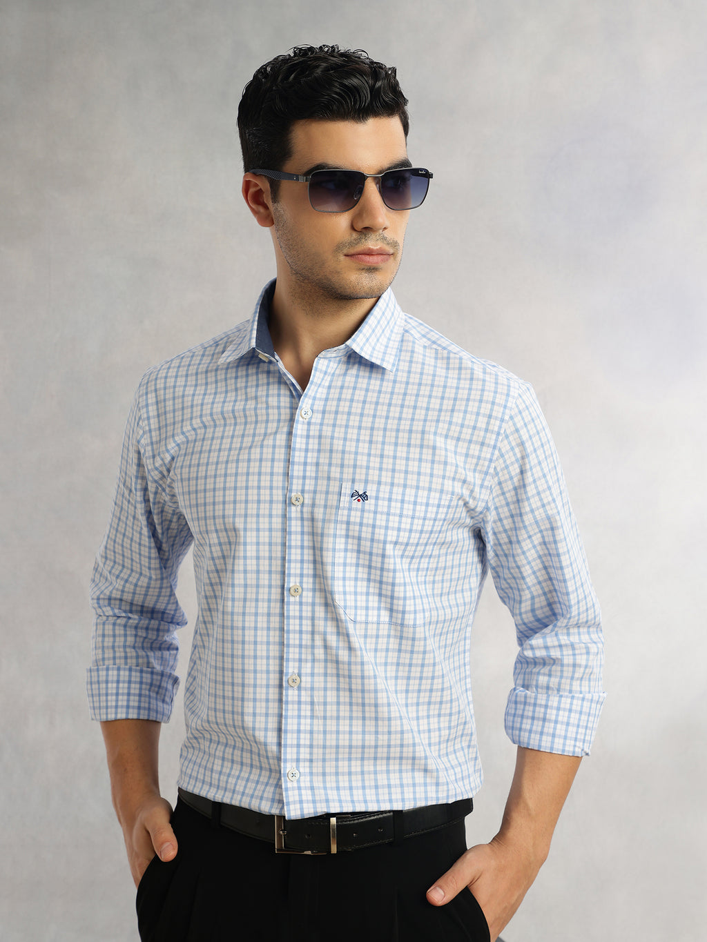 Thomas Scott Men Blue Regular Fit Long Sleeves Spread Collar Grid Tattersall Checks 100% Cotton Formal Shirt