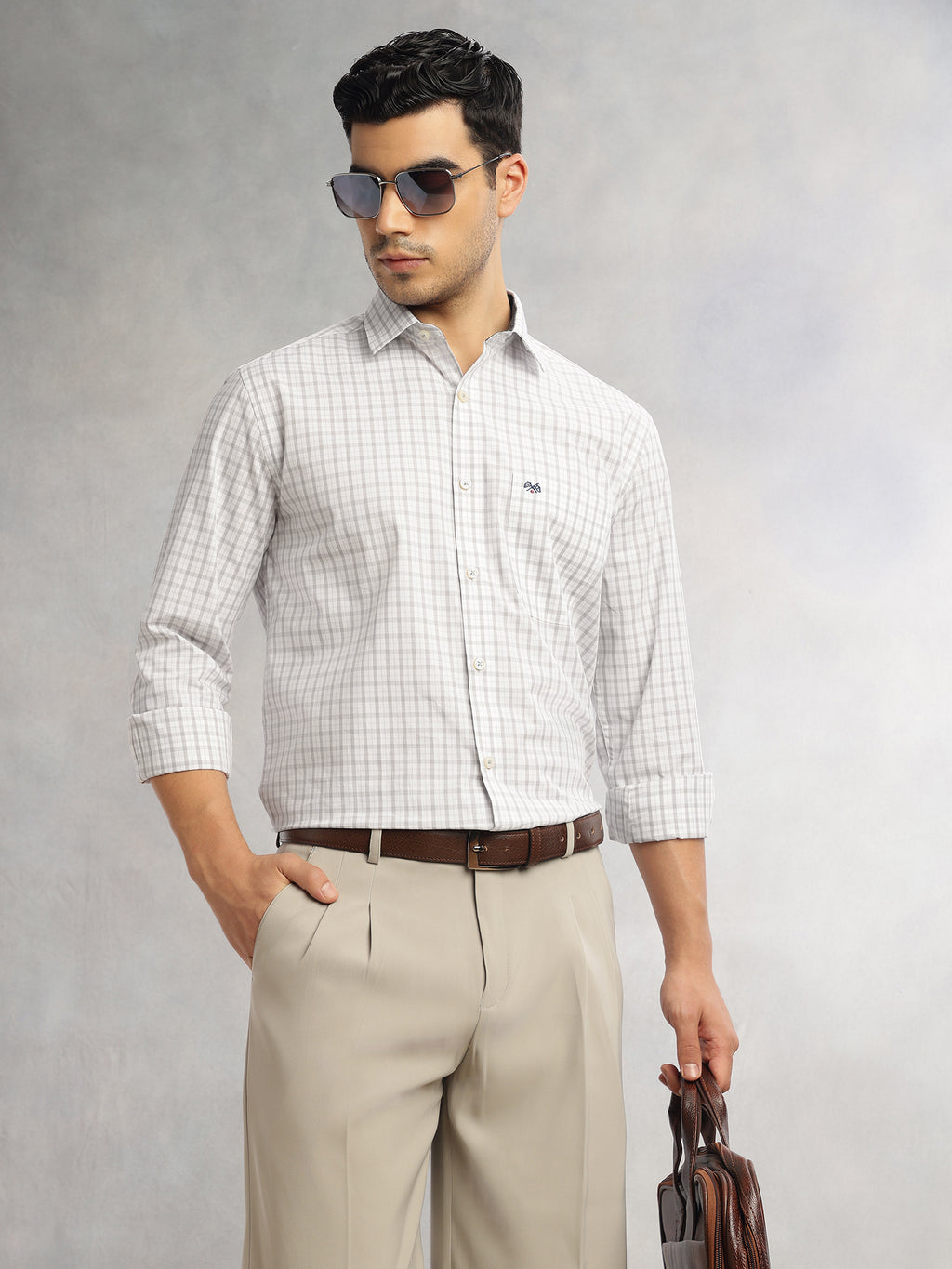 Thomas Scott Men Grey Regular Fit Long Sleeves Spread Collar Grid Tattersall Checks 100% Cotton Formal Shirt