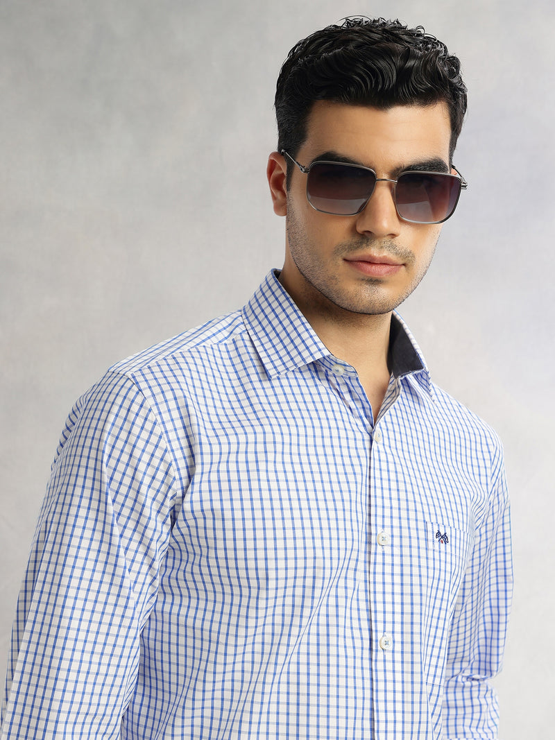 Thomas Scott Men Navy Regular Fit Long Sleeves Spread Collar Micro Checks 100% Cotton Formal Shirt