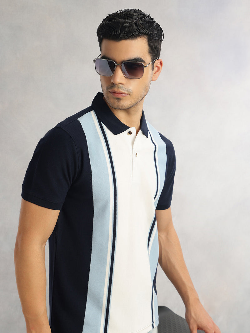 Thomas Scott Men Navy Regular Fit Short Sleeves Striped Cotton Polyester Knitted Polo Collar Tshirt