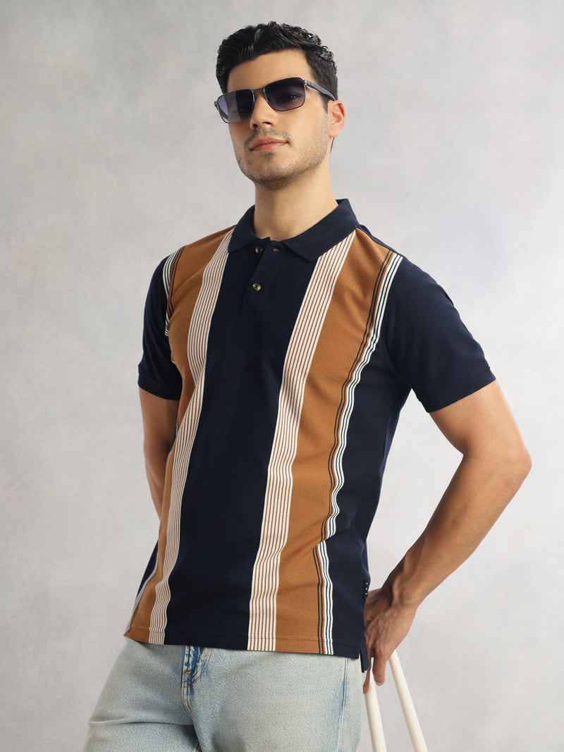 Thomas Scott Men Navy Regular Fit Short Sleeves Striped Cotton Polyester Knitted Polo Collar Tshirt
