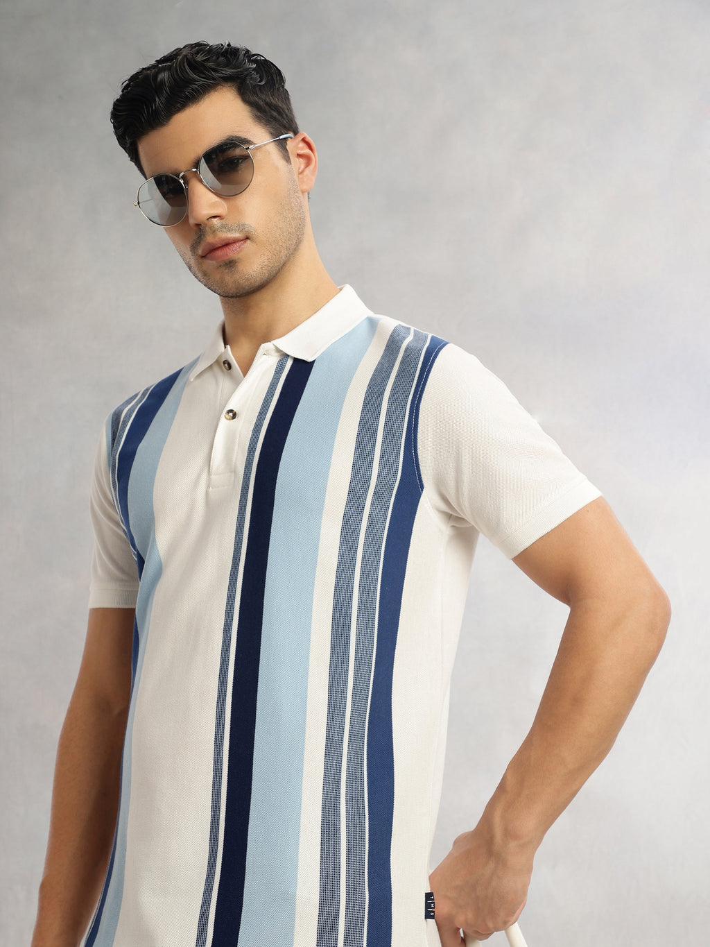 Thomas Scott Men Steel Blue Regular Fit Short Sleeves Striped Cotton Polyester Knitted Polo Collar Tshirt