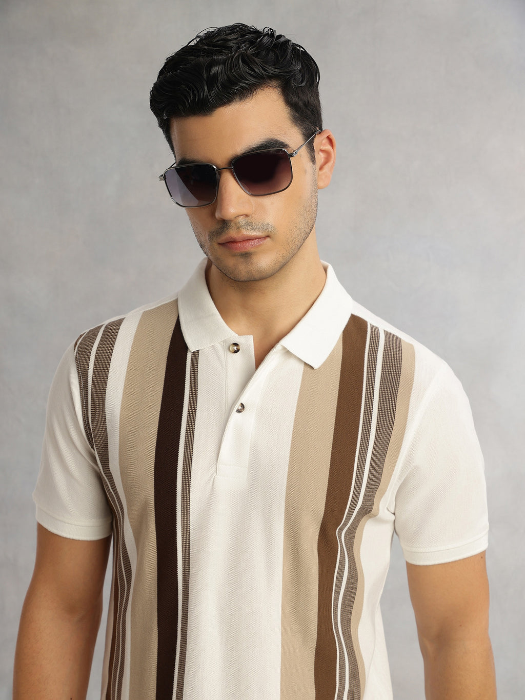 Thomas Scott Men Brown Regular Fit Short Sleeves Striped Cotton Polyester Knitted Polo Collar Tshirt