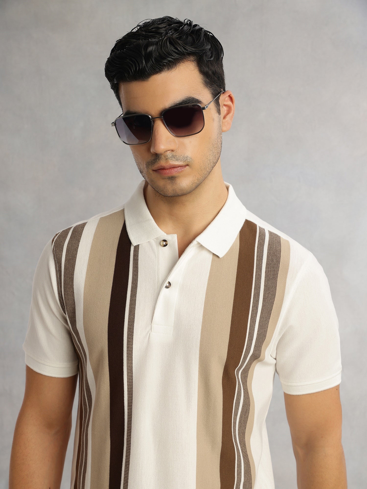 Thomas Scott Men Brown Regular Fit Short Sleeves Striped Cotton Polyester Knitted Polo Collar Tshirt
