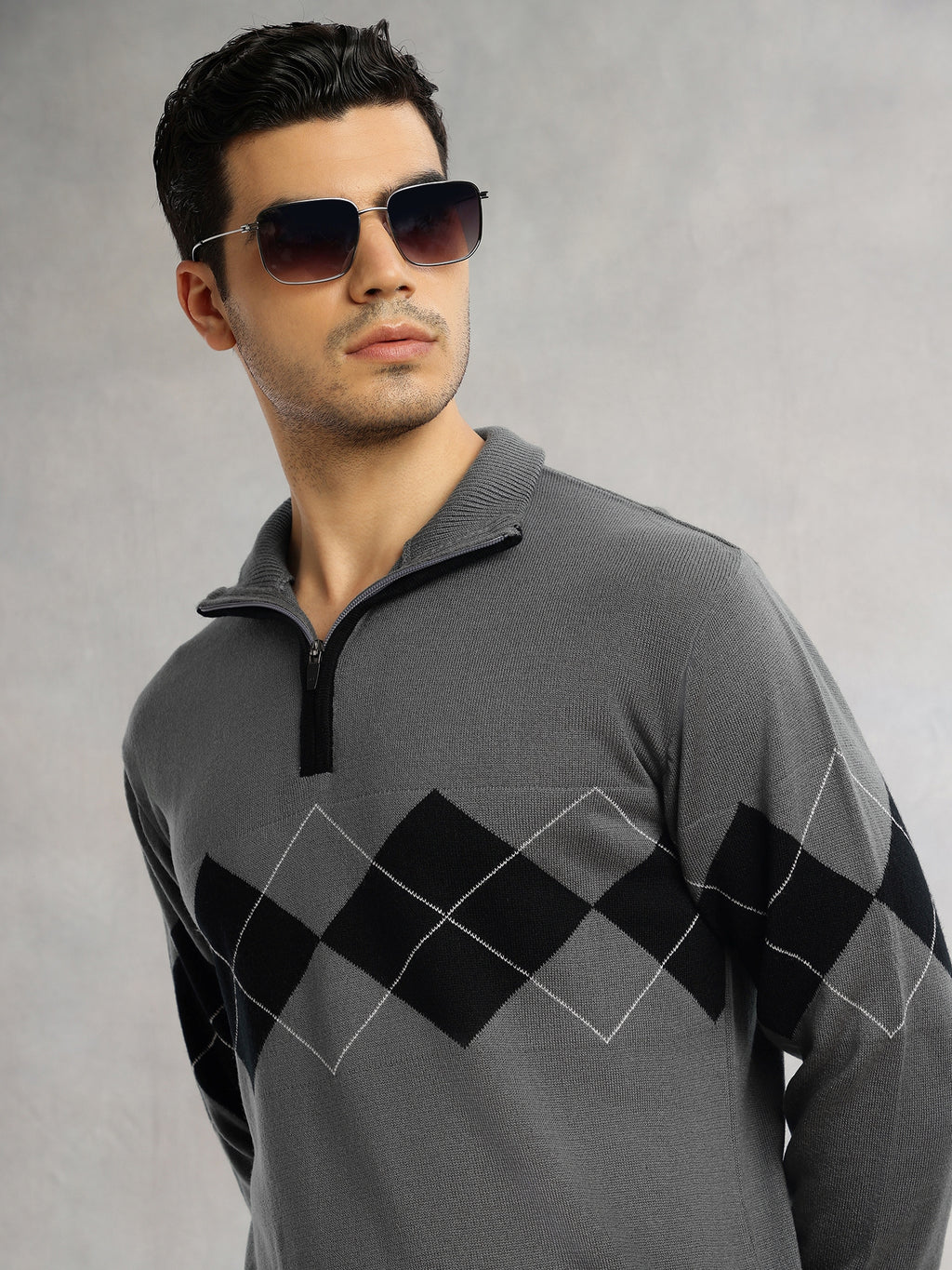 Thomas Scott Men Grey Regular Fit Long Sleeves High Neck Self Design 100% Acrylic Knitted Pullover Sweatshirt