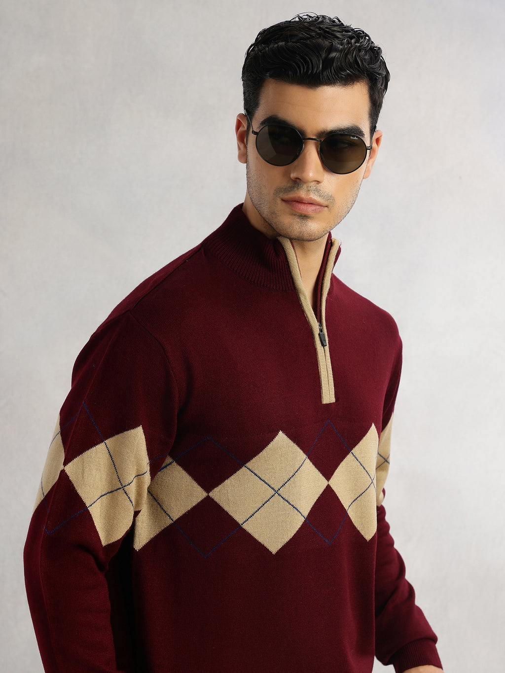 Thomas Scott Men Wine Regular Fit Long Sleeves High Neck Self Design 100% Acrylic Knitted Pullover Sweatshirt