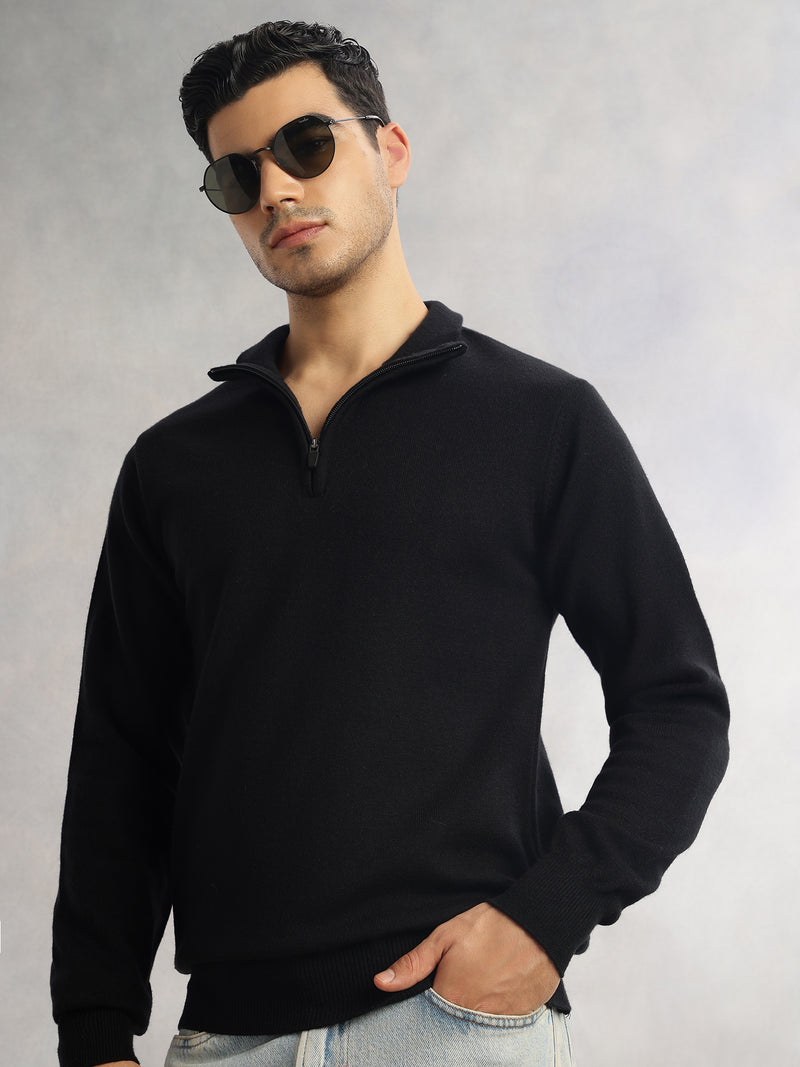 Thomas Scott Men Black Regular Fit Long Sleeves High Neck Solid Knitted Pullover Sweatshirt