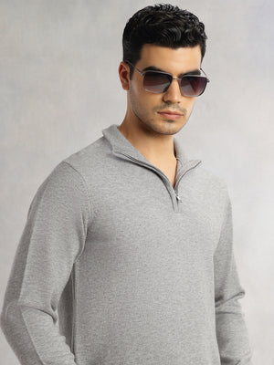 Thomas Scott Men Grey Regular Fit Long Sleeves High Neck Solid Knitted Pullover Sweatshirt