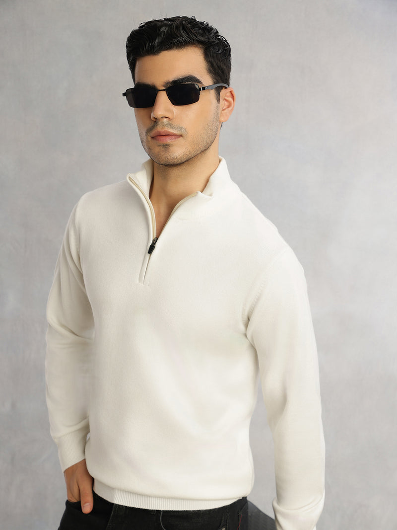 White Regular Fit Long Sleeves High Neck Solid Knitted Pullover Sweatshirt