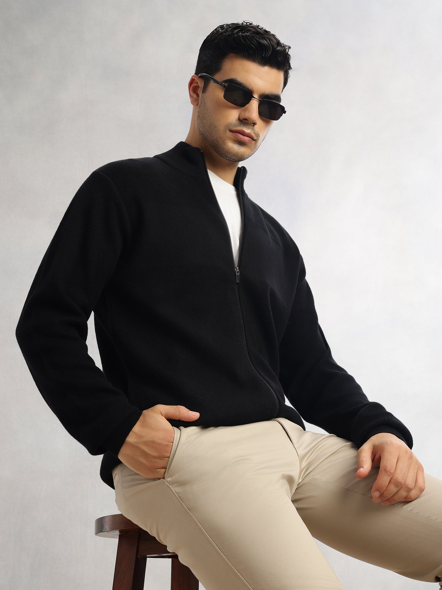 Thomas Scott Men Black Regular Fit Long Sleeves 100% Cotton Solid Front Open Knitted Sweatshirt