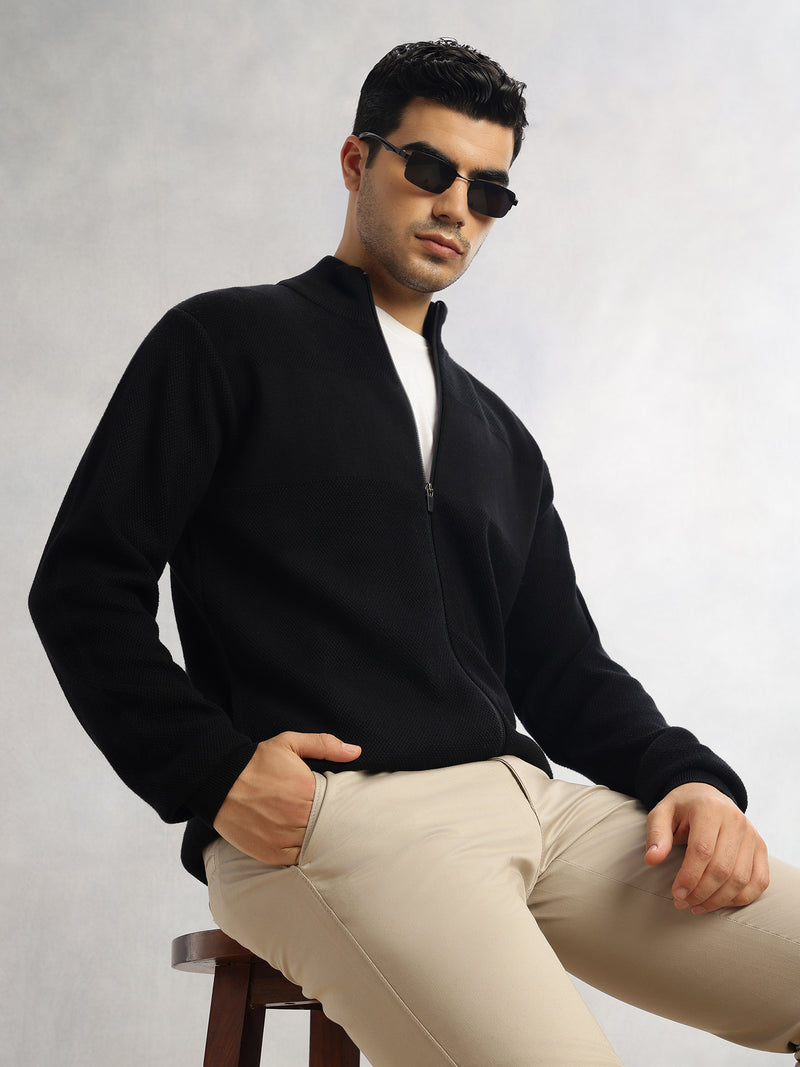 Thomas Scott Men Black Regular Fit Long Sleeves 100% Cotton Solid Front Open Knitted Sweatshirt