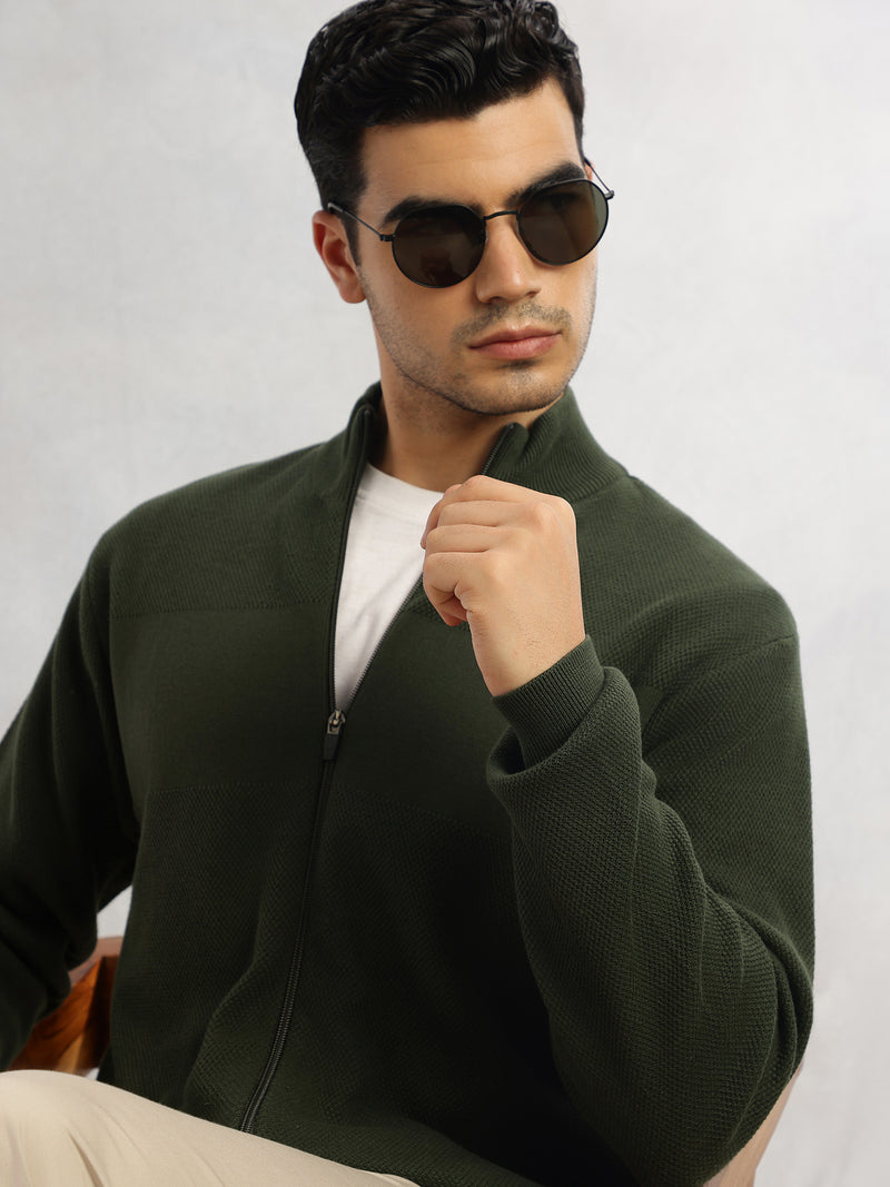 Thomas Scott Men Olive Regular Fit Long Sleeves 100% Cotton Solid Front Open Knitted Sweatshirt