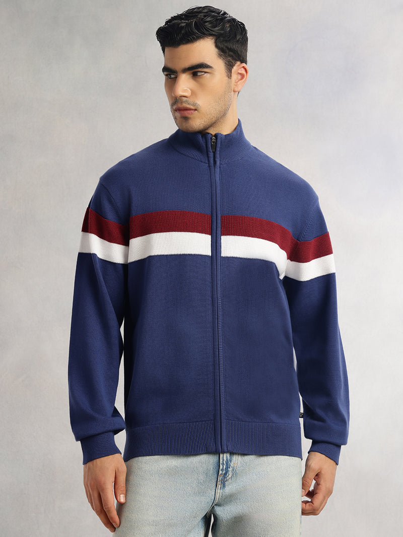 Thomas Scott Men Blue Regular Fit Long Sleeves High Neck Self Design 100% Cotton Knitted Sweatshirt