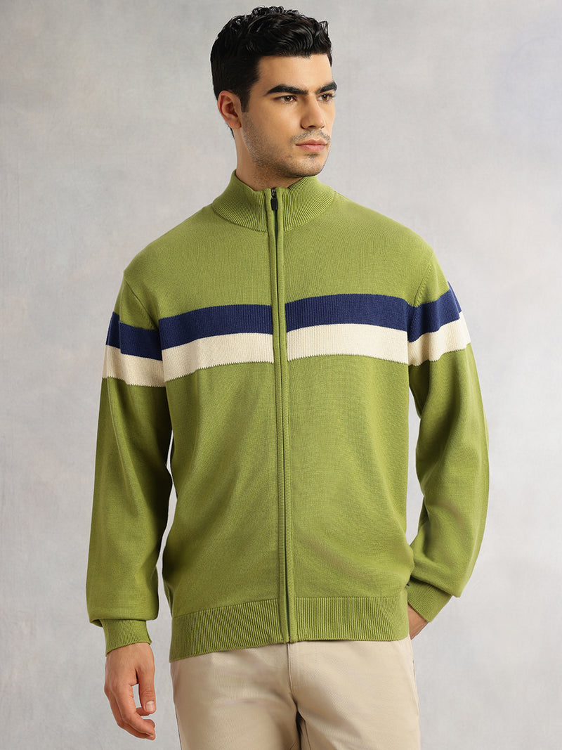 Thomas Scott Men Green Regular Fit Long Sleeves High Neck Self Design 100% Cotton Knitted Sweatshirt
