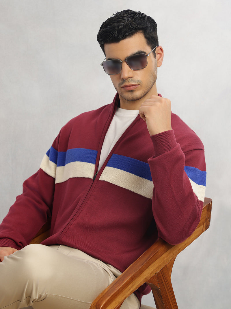 Thomas Scott Men Red Regular Fit Long Sleeves High Neck Self Design 100% Cotton Knitted Sweatshirt