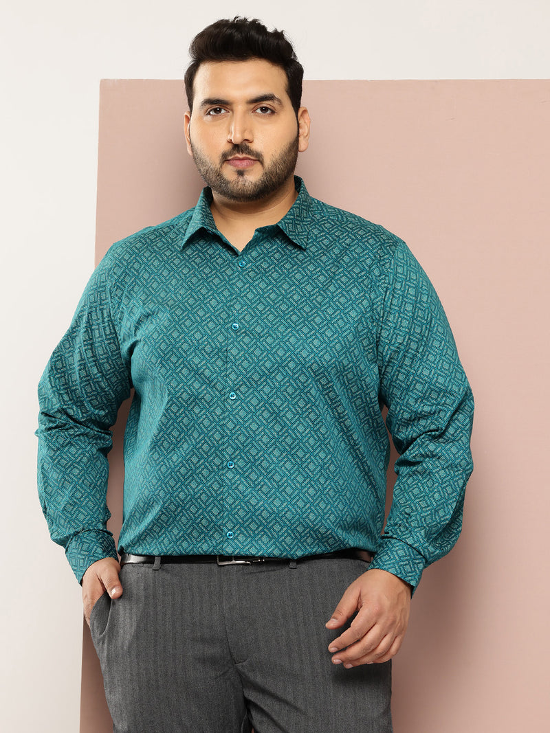 Thomas Scott Men Teal Plus Size Regular Fit Long Sleeves Spread Collar Geometric Printed 100% Cotton Formal Shirt