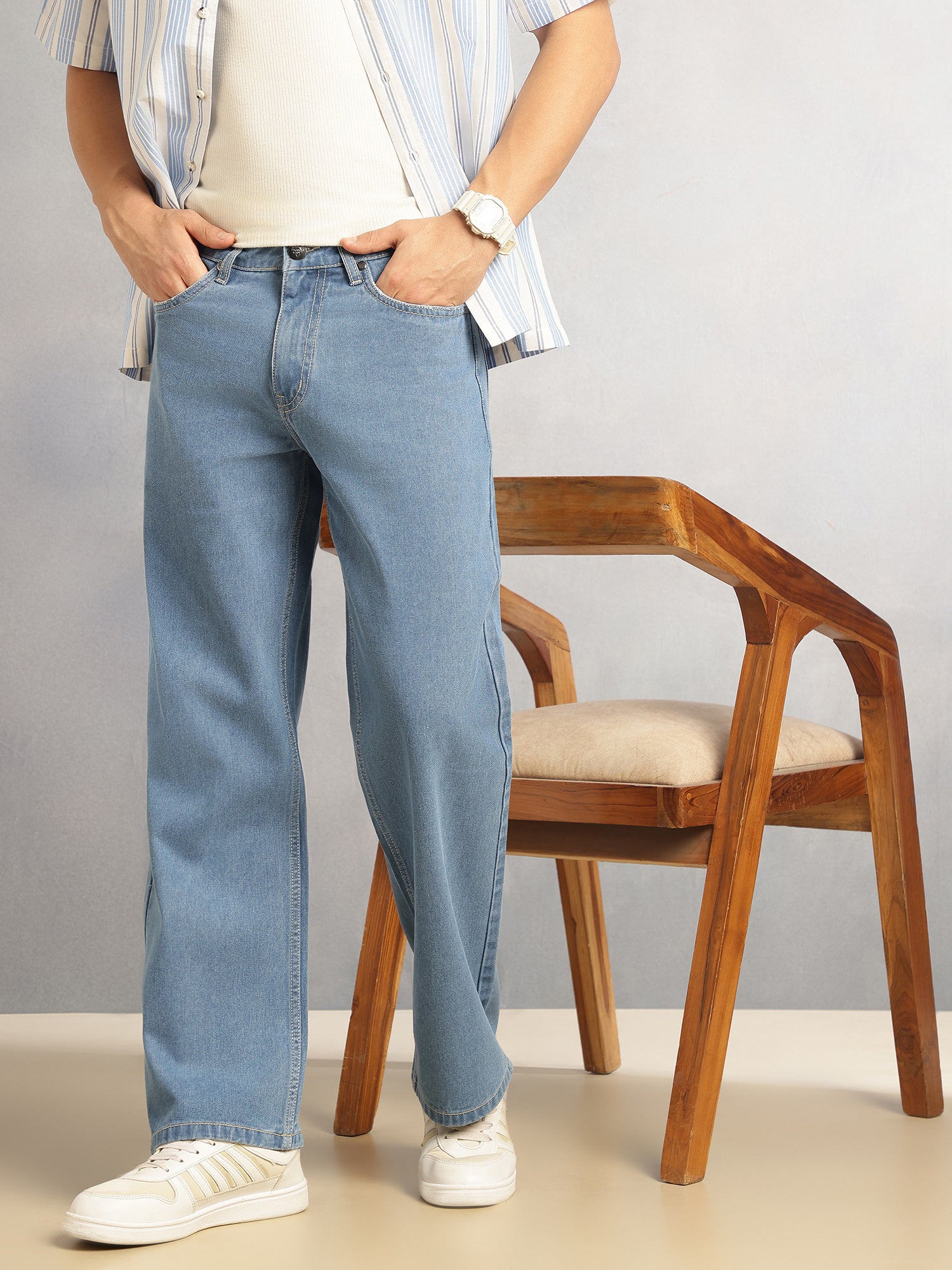 Thomas Scott Men Light Blue Mid-Rise Baggy Fit No Fade Clean Look 100% Cotton Non Stretchable Jeans