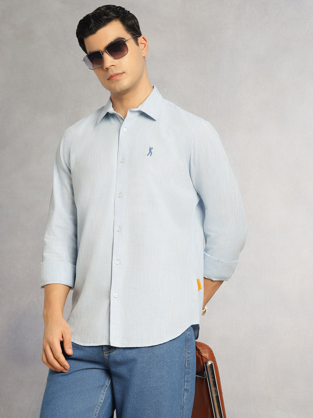 Thomas Scott Men Sky Blue Cricket Club Collection Slim Fit Long Sleeves Spread Collar Pinstripes Cotton Linen Casual Shirt