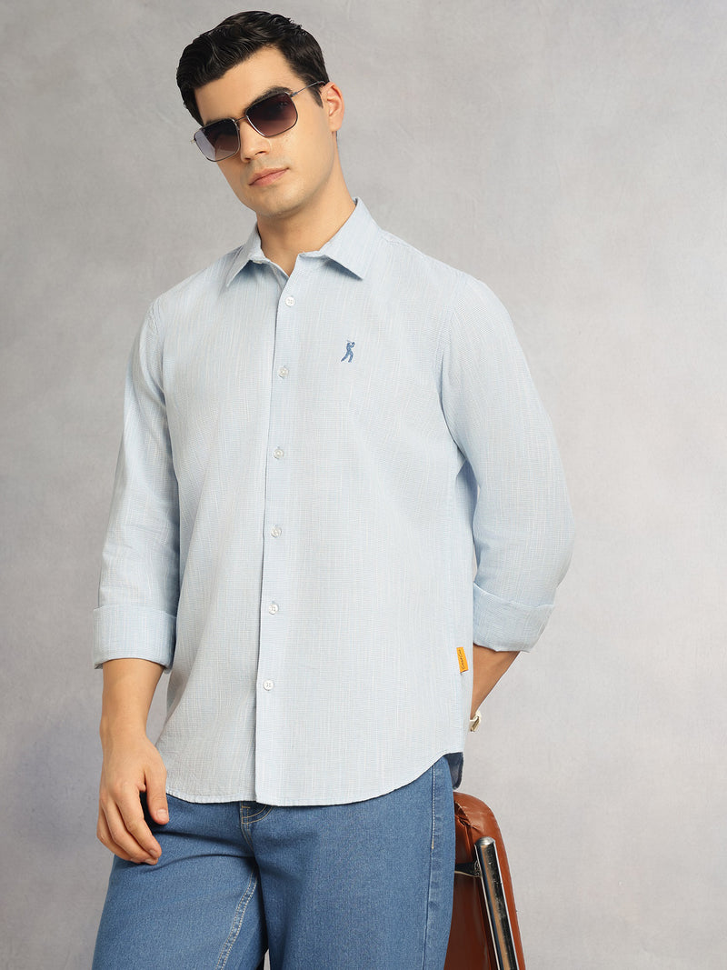Thomas Scott Men Sky Blue Cricket Club Collection Slim Fit Long Sleeves Spread Collar Pinstripes Cotton Linen Casual Shirt