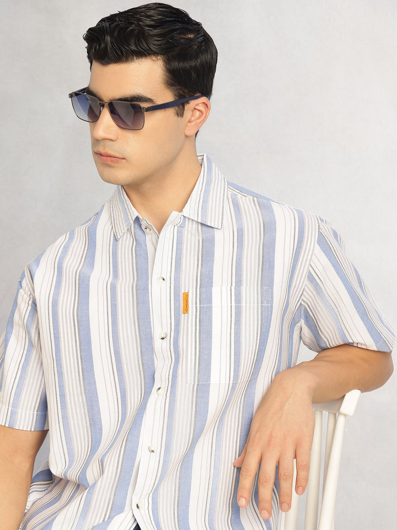 Thomas Scott Men Blue Cricket Club Collection Oversized Short Sleeves Cuban Collar Vertical Striped 100% Cotton Oxford Casual Shirt