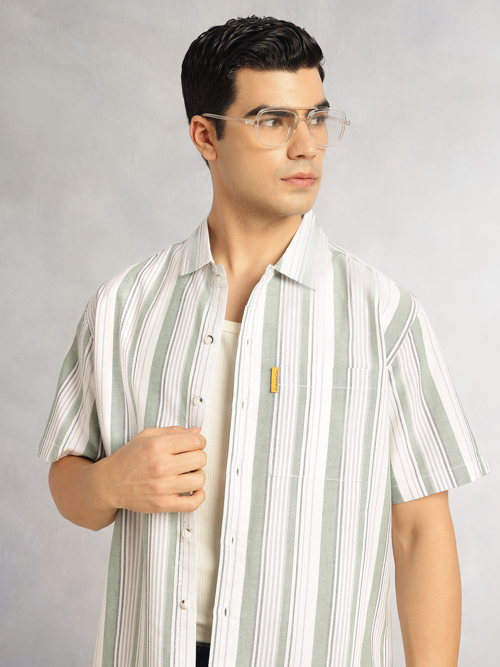 Thomas Scott Men Green Cricket Club Collection Oversized Short Sleeves Cuban Collar Vertical Striped 100% Cotton Oxford Casual Shirt