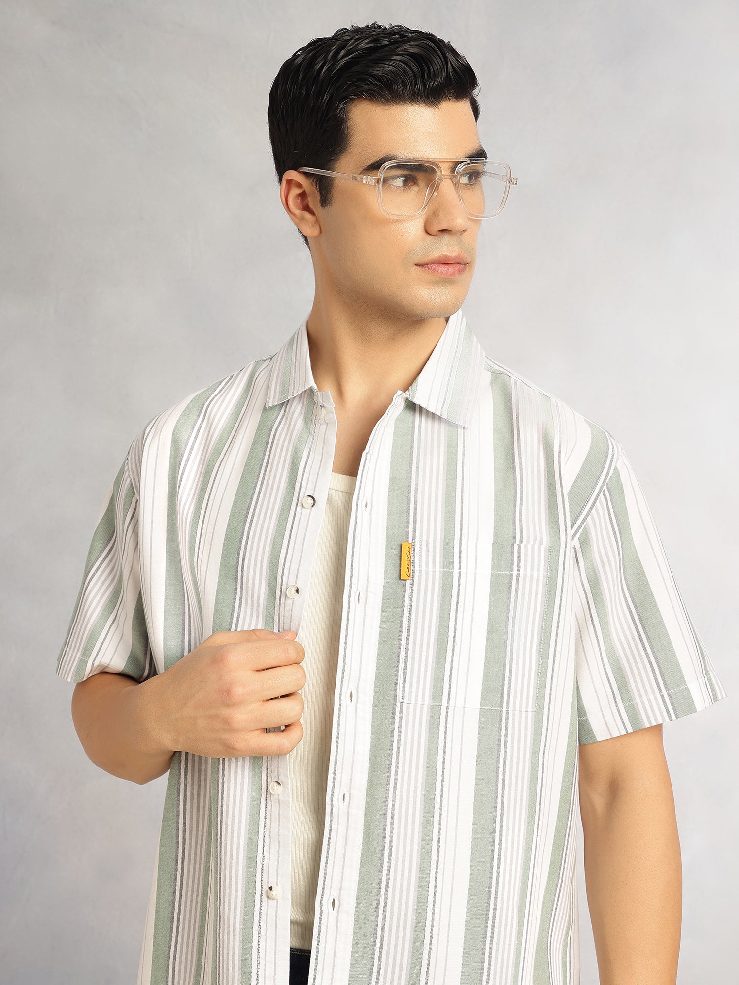 Thomas Scott Men Green Cricket Club Collection Oversized Short Sleeves Cuban Collar Vertical Striped 100% Cotton Oxford Casual Shirt