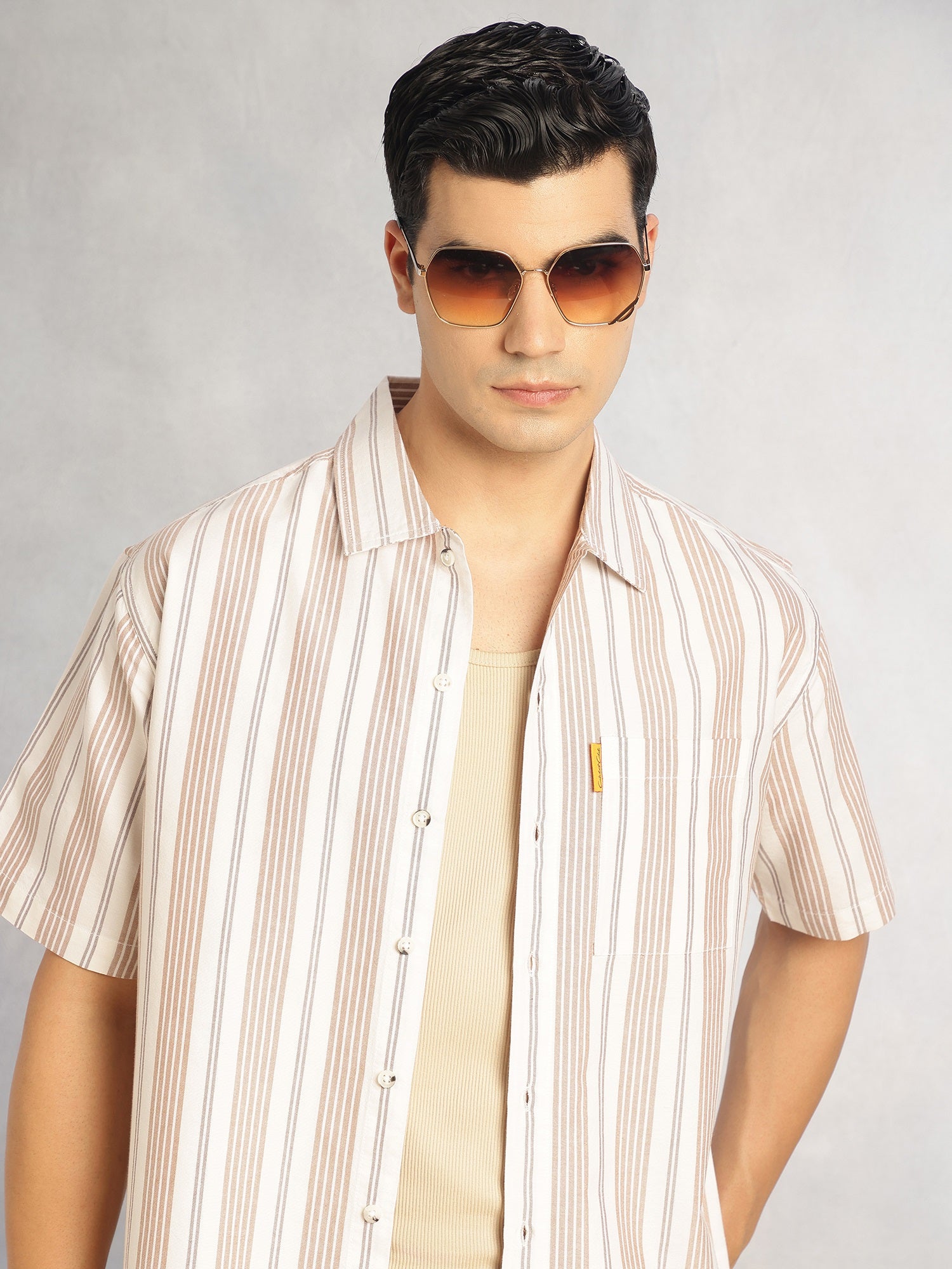 Thomas Scott Men Beige Cricket Club Collection Oversized Short Sleeves Cuban Collar Vertical Striped 100% Cotton Oxford Casual Shirt