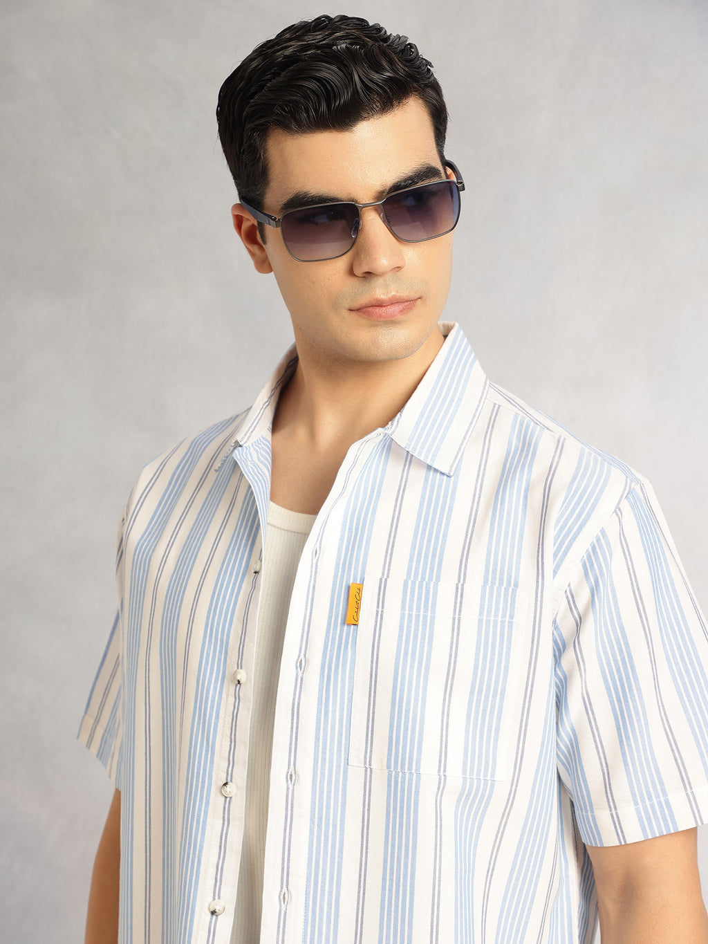 Thomas Scott Men Blue Cricket Club Collection Oversized Short Sleeves Cuban Collar Vertical Striped 100% Cotton Oxford Casual Shirt