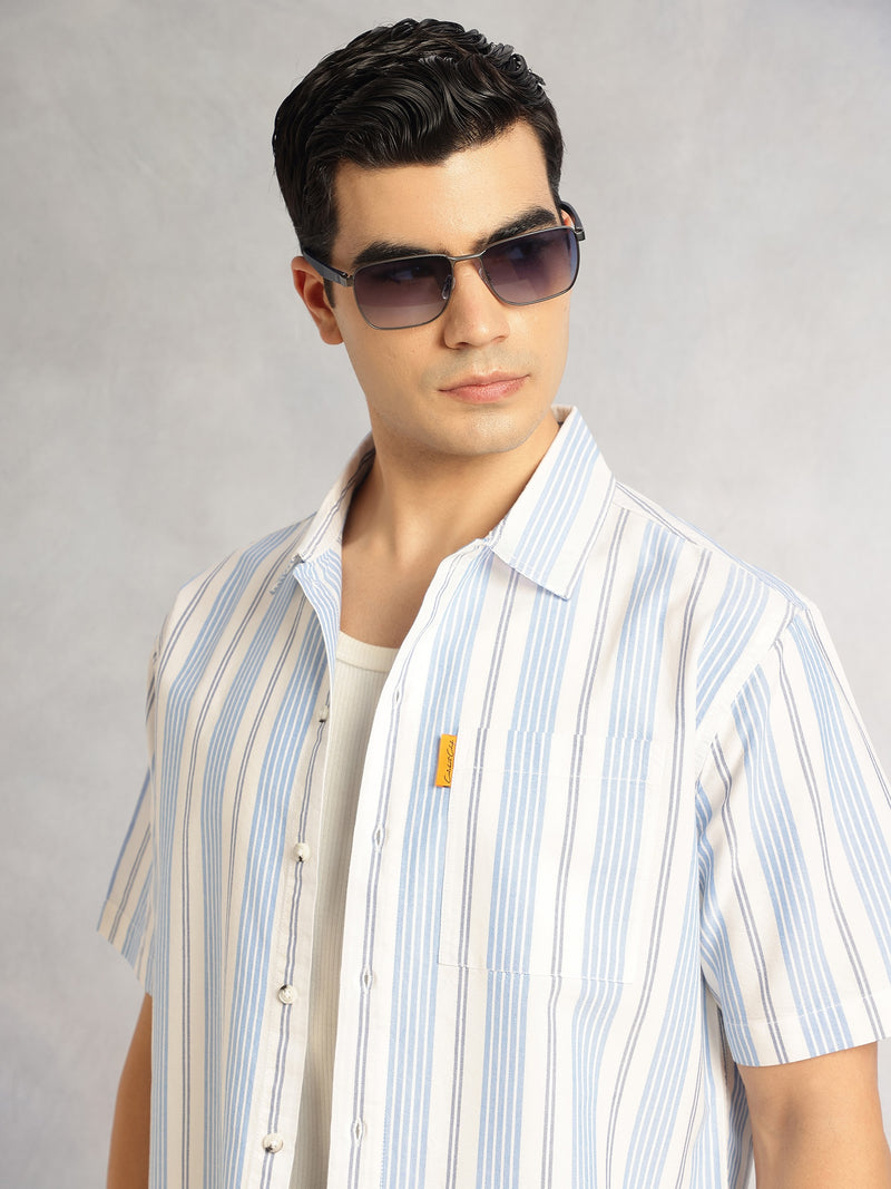 Thomas Scott Men Blue Cricket Club Collection Oversized Short Sleeves Cuban Collar Vertical Striped 100% Cotton Oxford Casual Shirt