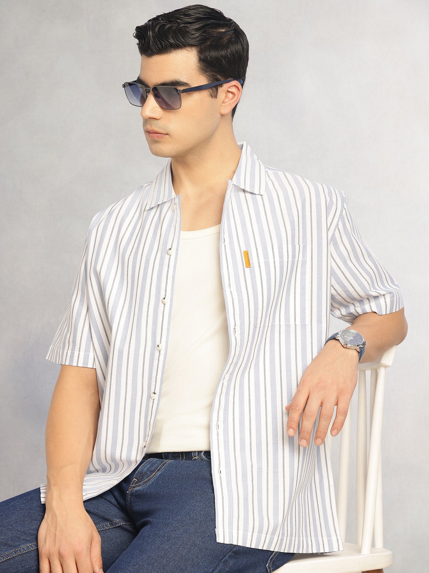 Thomas Scott Men Blue Cricket Club Collection Oversized Short Sleeves Cuban Collar Vertical Striped 100% Cotton Oxford Casual Shirt