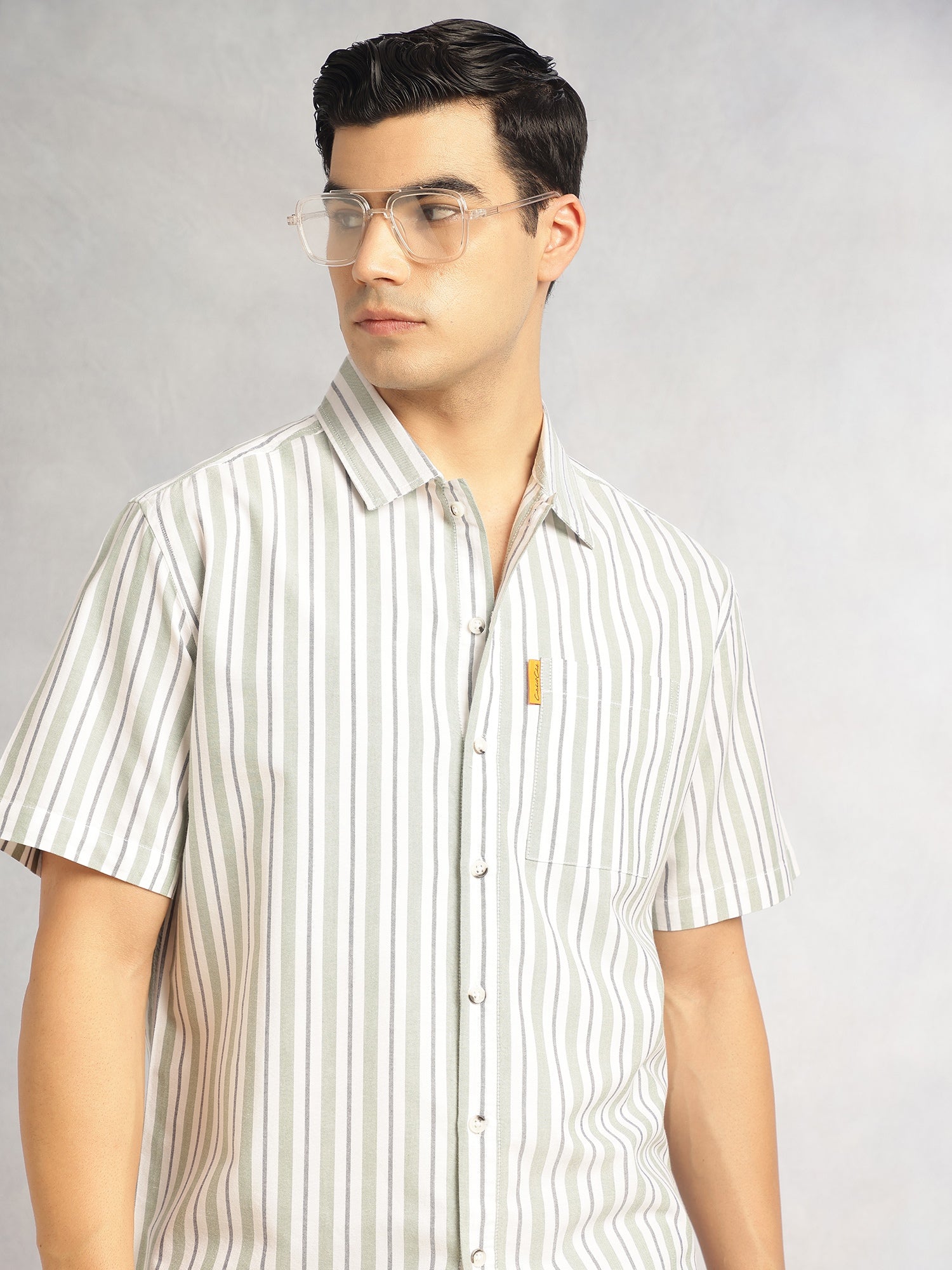 Thomas Scott Men Green Cricket Club Collection Oversized Short Sleeves Cuban Collar Vertical Striped 100% Cotton Oxford Casual Shirt
