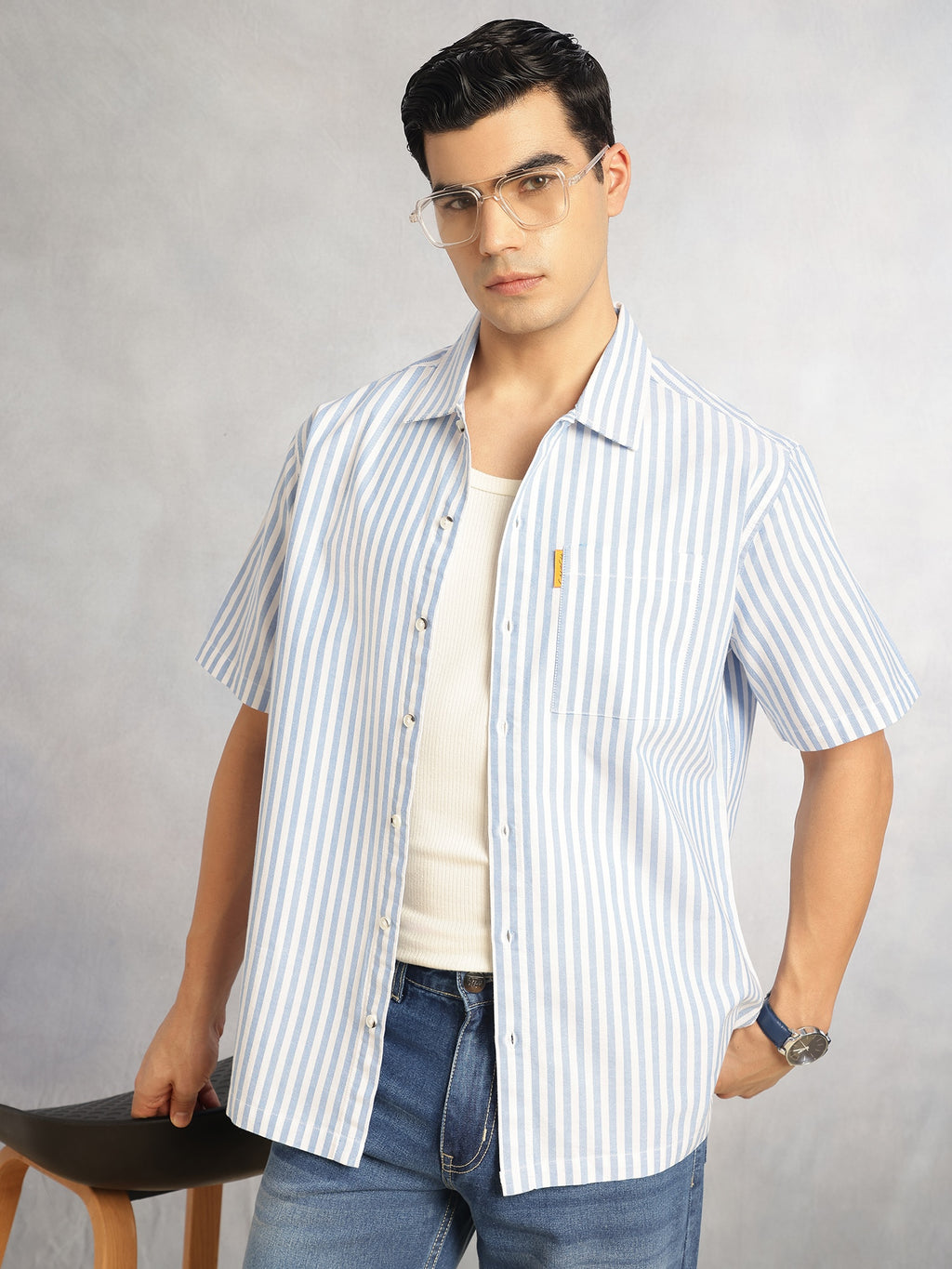 Thomas Scott Men Blue Cricket Club Collection Oversized Short Sleeves Cuban Collar Vertical Striped 100% Cotton Oxford Casual Shirt