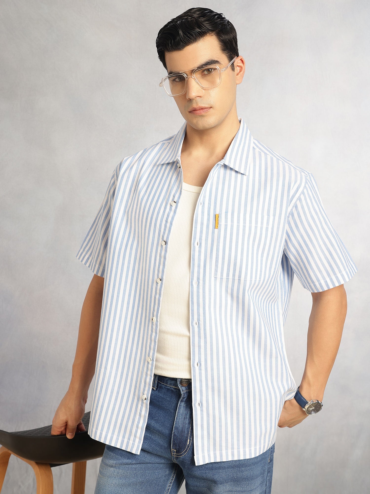 Thomas Scott Men Blue Cricket Club Collection Oversized Short Sleeves Cuban Collar Vertical Striped 100% Cotton Oxford Casual Shirt