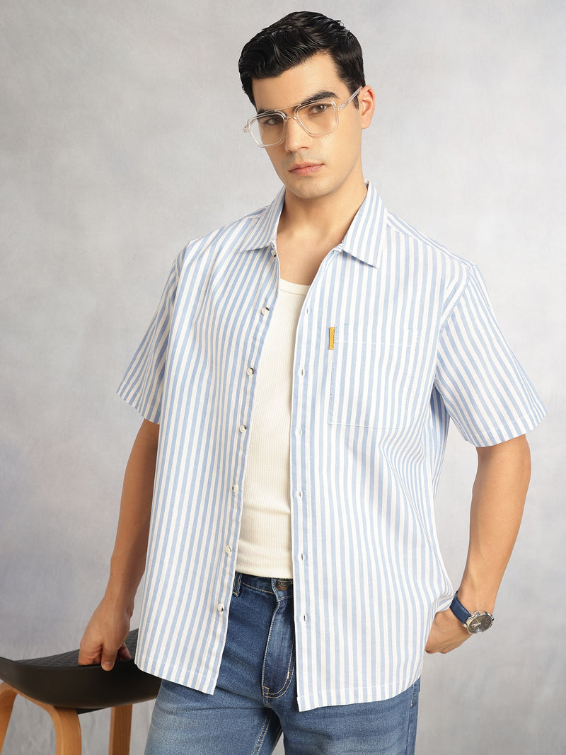 Thomas Scott Men Blue Cricket Club Collection Oversized Short Sleeves Cuban Collar Vertical Striped 100% Cotton Oxford Casual Shirt