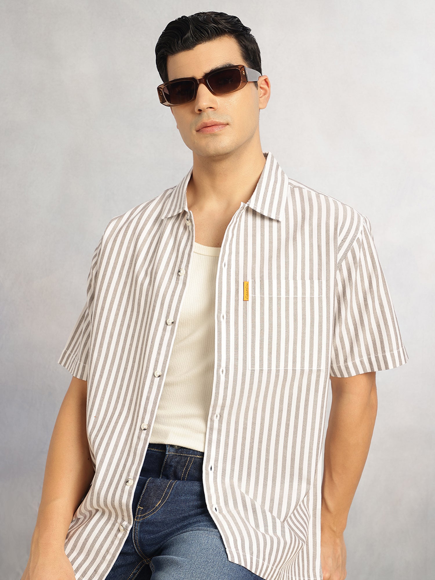 Thomas Scott Men Brown Cricket Club Collection Oversized Short Sleeves Cuban Collar Vertical Striped 100% Cotton Oxford Casual Shirt