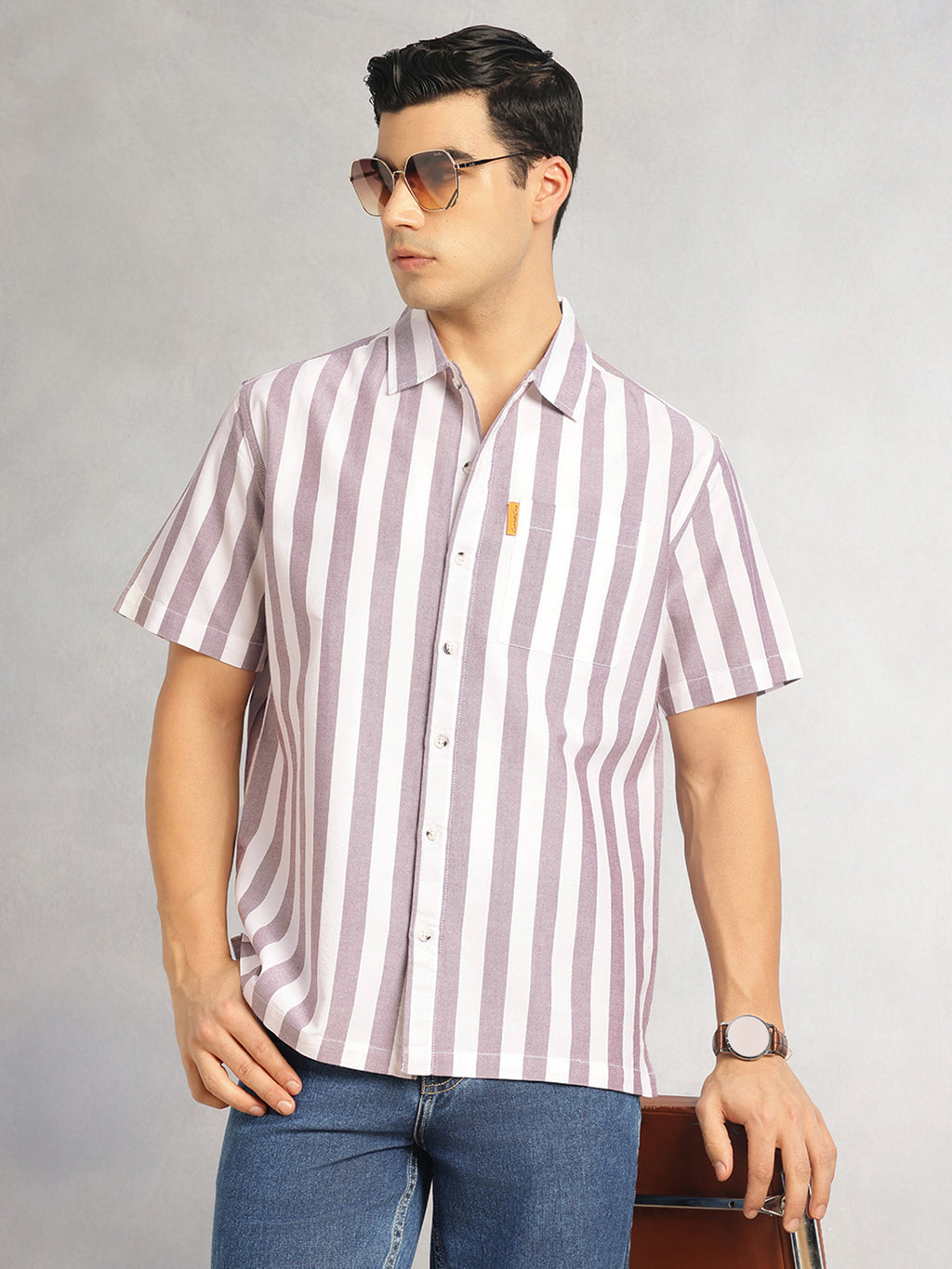 Thomas Scott Men Maroon Cricket Club Collection Oversized Short Sleeves Cuban Collar Vertical Striped 100% Cotton Oxford Casual Shirt